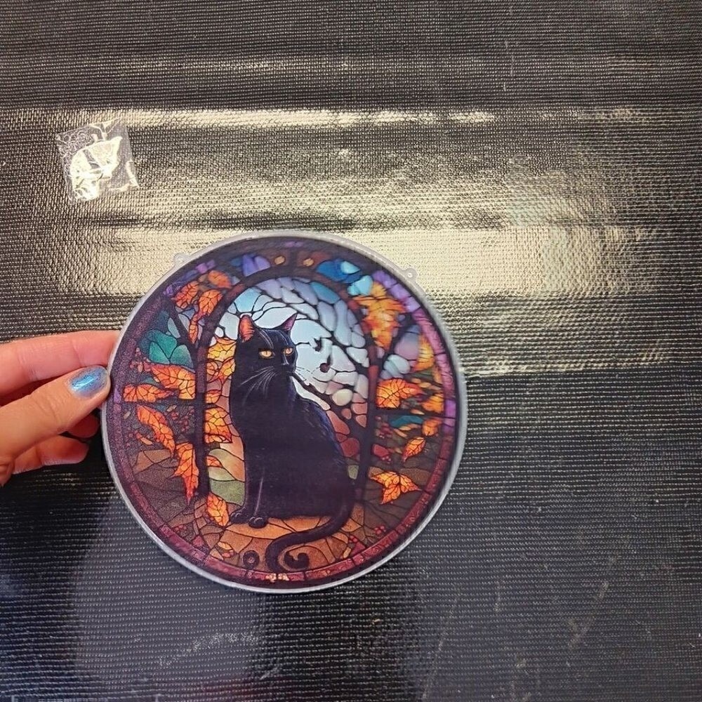 Halloween Black Cat Suncatcher Faux Stained Glass Gothic Witchy Window Decor - Picture 4 of 5